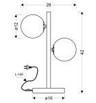 Lampka stołowa Kama, 2-punktowa, z okrągłymi kloszami o średnicy 12 cm, umieszczona na prostokątnym podstawie o wymiarach 16x28 cm. Wysokość 42 cm, z kablem o długości 140 cm. Prosta konstrukcja z metalowym stelażem.