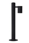 Czarna lampa ogrodowa stojąca Arne H50 z jednym punktem świetlnym. Prosta, cylindryczna konstrukcja z matowego metalu, zamontowana na okrągłej podstawie. Widoczny klosz w górnej części lampy. Produkt ustawiony w pozycji pionowej.