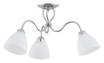 Lampa sufitowa Ariel 3-punktowa w kolorze chromu z trzema białymi, matowymi kloszami w kształcie stożka. Produkt zamontowany na okrągłej podstawie, z lekko falującymi ramionami. Ujęcie frontalne, podkreślające elegancki design.