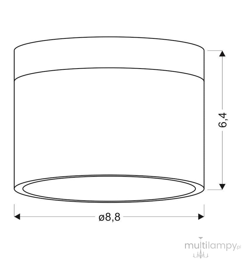 Tuba LED lampa sufitowa 1-punktowa w kolorze czarnym i białym, o średnicy 8,8 cm i wysokości 6,4 cm. Produkt ma prosty, cylindryczny kształt, bez dodatkowych zdobień. Ujęcie pokazuje lampę z boku, ukazując jej minimalistyczny design.