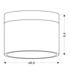 Tuba LED lampa sufitowa 1-punktowa w kolorze czarnym i białym, o średnicy 8,8 cm i wysokości 6,4 cm. Produkt ma prosty, cylindryczny kształt, bez dodatkowych zdobień. Ujęcie pokazuje lampę z boku, ukazując jej minimalistyczny design.
