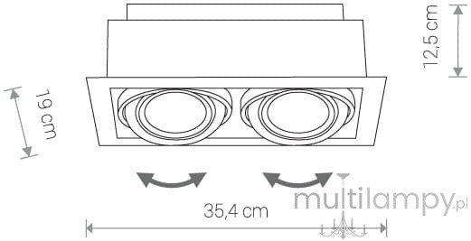 Czarna lampa sufitowa Downlight ES111 z dwoma punktami świetlnymi, o wymiarach 35,4 cm szerokości, 12,5 cm wysokości i 19 cm głębokości. Umożliwia regulację kierunku światła.