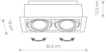 Czarna lampa sufitowa Downlight ES111 z dwoma punktami świetlnymi, o wymiarach 35,4 cm szerokości, 12,5 cm wysokości i 19 cm głębokości. Umożliwia regulację kierunku światła.
