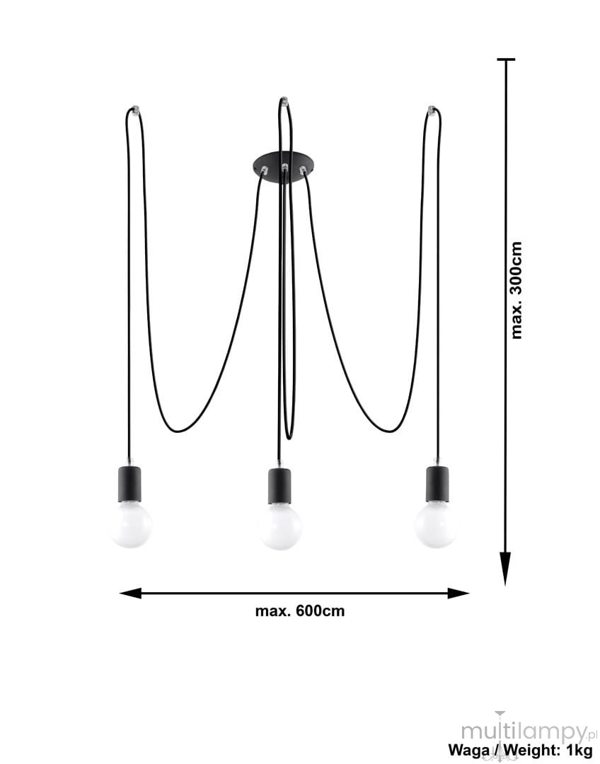 Lampa wisząca Edison 3-punktowa SL.0370 z czarnymi przewodami i trzema oprawkami na żarówki. Kąt ujęcia frontalny, produkt zawieszony z sufitu, maksymalna wysokość 300 cm, szerokość do 600 cm. Prosta, nowoczesna konstrukcja.