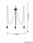 Lampa wisząca Edison 3-punktowa SL.0370 z czarnymi przewodami i trzema oprawkami na żarówki. Kąt ujęcia frontalny, produkt zawieszony z sufitu, maksymalna wysokość 300 cm, szerokość do 600 cm. Prosta, nowoczesna konstrukcja.