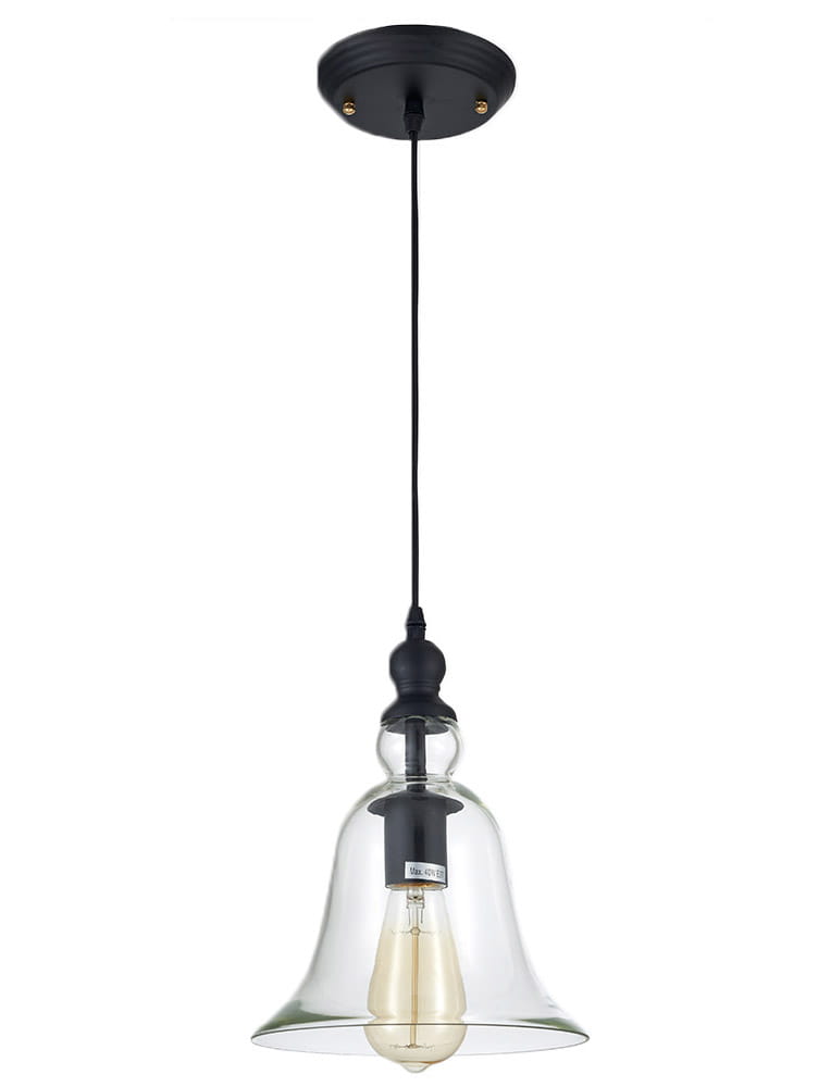 Lampa wisząca Paris 1-punktowa w stylu klasycznym, z czarnym metalowym uchwytem i szklanym kloszem w kształcie dzwonu. Wisi na czarnym przewodzie, z widoczną żarówką w środku. Zamontowana na okrągłej, czarnej podsufitce.