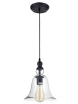 Lampa wisząca Paris 1-punktowa w stylu klasycznym, z czarnym metalowym uchwytem i szklanym kloszem w kształcie dzwonu. Wisi na czarnym przewodzie, z widoczną żarówką w środku. Zamontowana na okrągłej, czarnej podsufitce.
