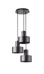 Lampa wisząca Rif 3-punktowa w kolorze czarnym, z trzema okrągłymi kloszami o różnej wysokości, zawieszona na cienkich linkach. Utrzymana w nowoczesnym stylu, montowana do sufitu, z prostym, okrągłym rozety.