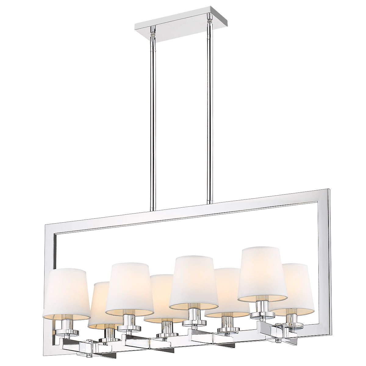 Lampa wisząca London 8-punktowa z chromowanym stelażem i białymi kloszami. Prosty, prostokątny kształt z wiszącymi rurkami. Oświetlenie z eleganckim wykończeniem, idealne do nowoczesnych wnętrz.