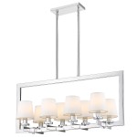 Lampa wisząca London 8-punktowa z chromowanym stelażem i białymi kloszami. Prosty, prostokątny kształt z wiszącymi rurkami. Oświetlenie z eleganckim wykończeniem, idealne do nowoczesnych wnętrz.