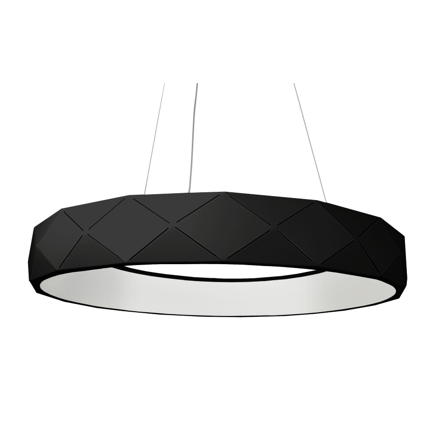 Czarna lampa wisząca Reus LP-8069/1P LED o okrągłym, geometrycznym kształcie z matowym wykończeniem. Zawieszona na cienkich linkach, z białym wnętrzem, emitującym światło LED. Idealna do nowoczesnych wnętrz.