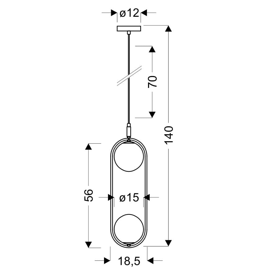 Lampa wisząca Cordel 2-punktowa w kolorze mosiądzu, z okrągłymi kloszami o średnicy 15 cm, zawieszona na cienkim przewodzie. Wymiary: długość 140 cm, szerokość 12 cm, głębokość 18,5 cm. Prosty, nowoczesny design idealny do różnych wnętrz.
