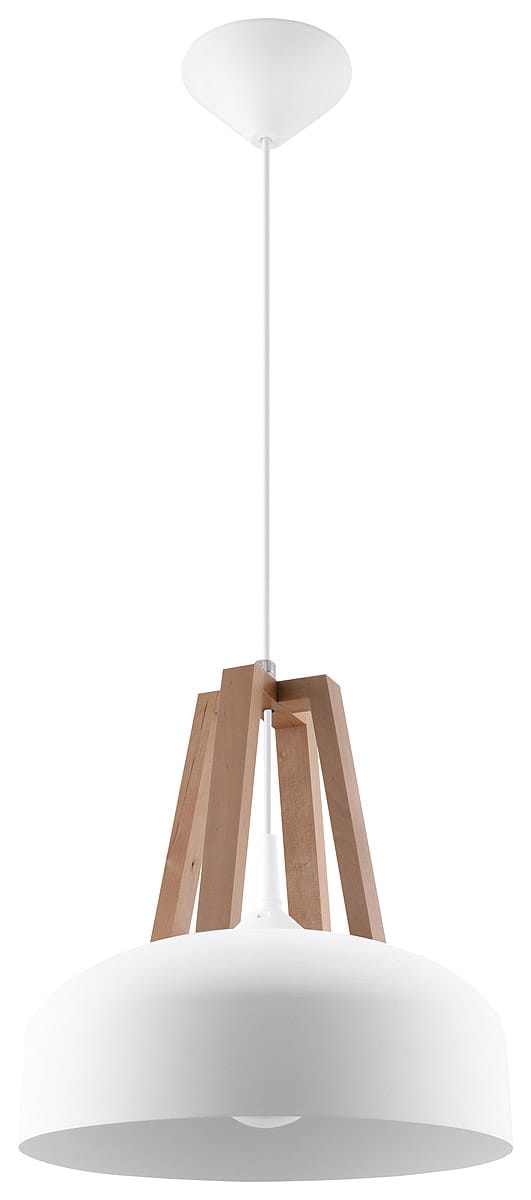 Lampa wisząca Casco 1-punktowa w kolorze białym z naturalnym drewnem. Okrągły klosz z matowego materiału, zawieszony na białym przewodzie. Posiada drewniane elementy w kształcie trójkąta, stojące na górze klosza.