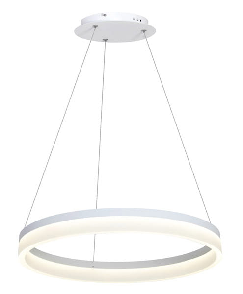 Lampa wisząca Ring 600 LED w kształcie okręgu, z białym wykończeniem i subtelnym podświetleniem. Zawieszona na cienkich linkach, montowana do sufitu. Prosty design, idealna do nowoczesnych wnętrz.