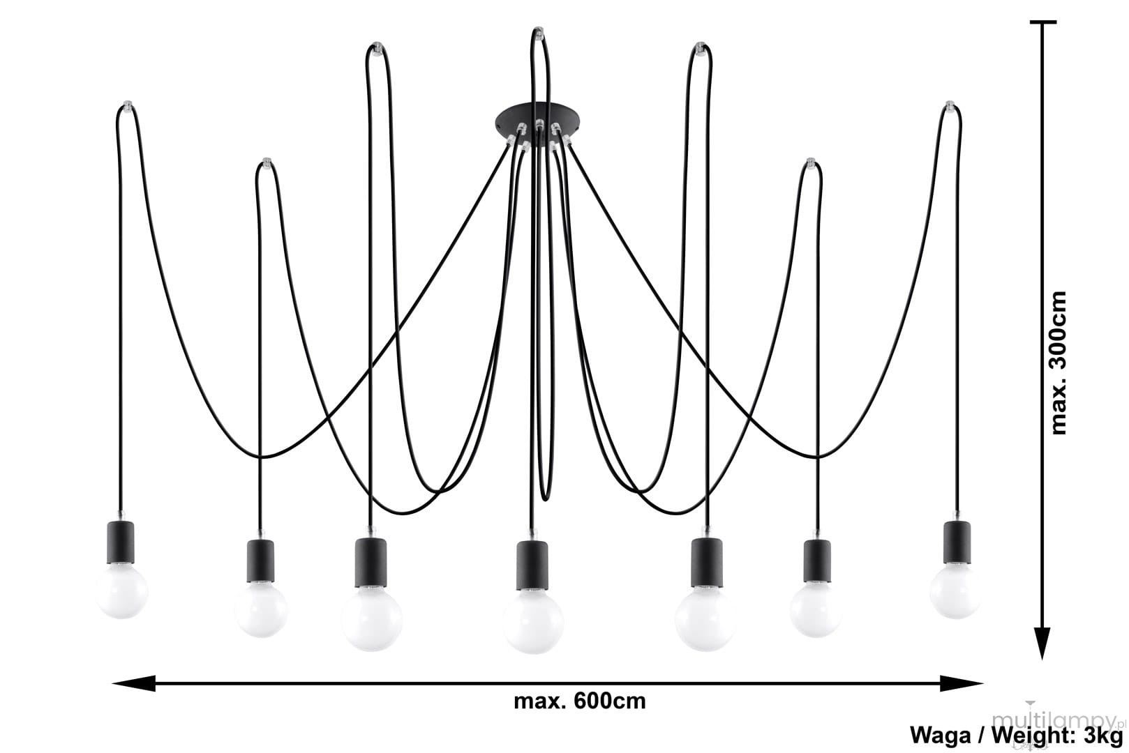 Lampa wisząca Edison, 7-punktowa, z czarnymi przewodami i białymi żarówkami LED. Ujęcie frontalne, zawieszona na suficie. Maksymalna wysokość 300 cm, szerokość 600 cm. Prosta konstrukcja, idealna do nowoczesnych wnętrz.