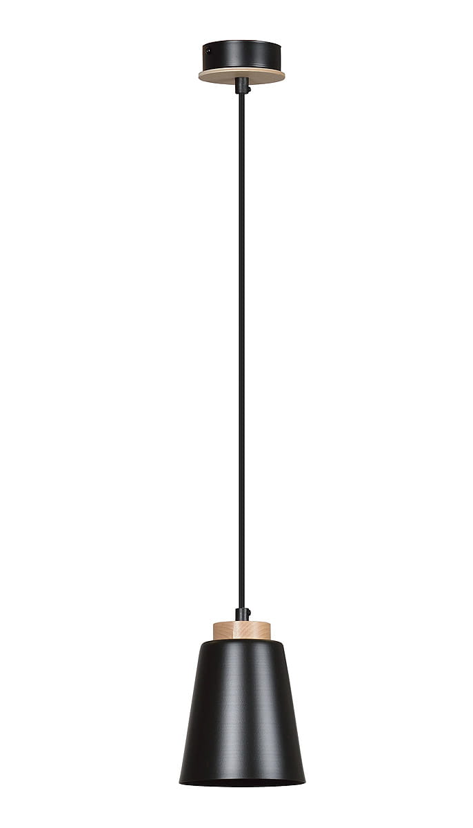 Lampa wisząca Bolero 1-punktowa, z czarnym kloszem o kształcie stożka i drewnianą podstawą. Ujęcie frontalne, zawieszona na cienkim kablu. Prosta konstrukcja, idealna do nowoczesnych wnętrz.