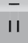 Lagos lampa wisząca 2-punktowa w kolorze czarnym, składająca się z dwóch cylindrycznych kloszy zawieszonych na cienkich linkach. Utrzymana w minimalistycznym stylu, montowana do sufitu, z prostokątną podstawą.