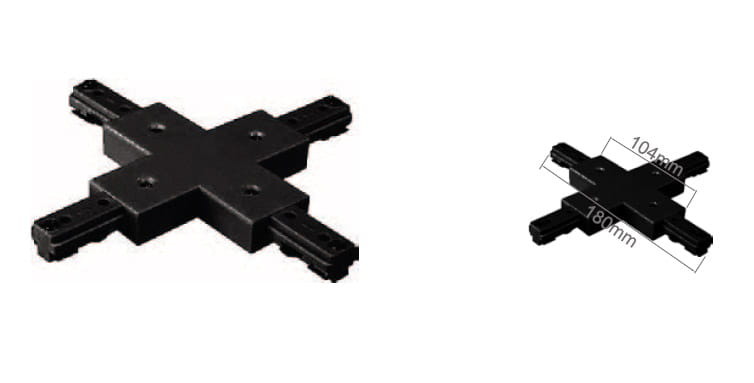 Złącze krzyżowe zasilające Track Orlicki w kolorze czarnym, wykonane z tworzywa, o wymiarach 180 mm x 180 mm. Produkt ukazany frontalnie, z widocznymi czterema wejściami do prowadnicy. Obok zbliżenie z wymiarami 104 mm.