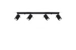 Czarna lampa sufitowa Merida 4-punktowa, składająca się z prostokątnej podstawy z czterema regulowanymi reflektorami. Reflektory mają cylindryczny kształt z białym wnętrzem, zamontowane na górze, na jednolitym tle.