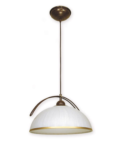 Lampa wisząca Flex O1487 BR w stylu nowoczesnym. Biała klosz o półkulistym kształcie z złotą obręczą, zawieszona na brązowym przewodzie. Wysoka jakość materiałów, idealna do różnych aranżacji wnętrz.