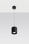 Czarna lampa wisząca Orbis, 1-punktowa, o cylindrycznym kształcie. Zawieszona na cienkim, metalowym przewodzie. Prosta, matowa powierzchnia z okrągłym otworem na źródło światła. Tło jasne, jednolite.