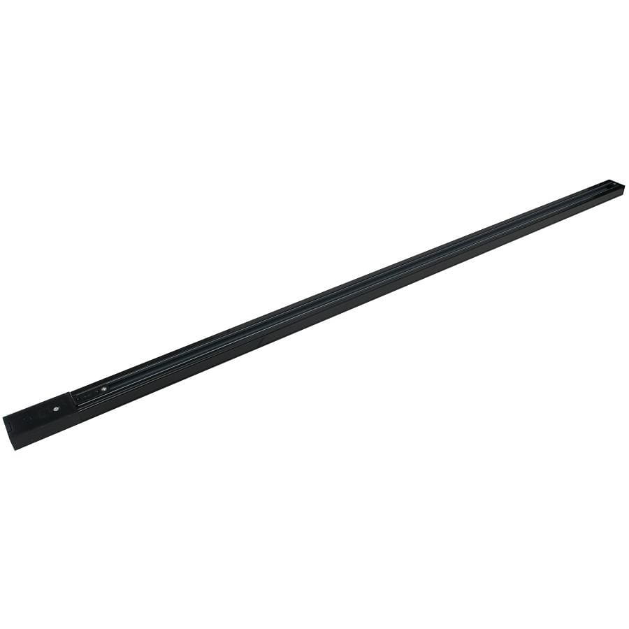 Track prowadnica szyna 100 cm w kolorze czarnym, wykonana z metalu. Prosta, prostokątna forma z widocznymi otworami montażowymi na jednym końcu. Ujęcie frontalne, na białym tle, ukazujące całą długość produktu.