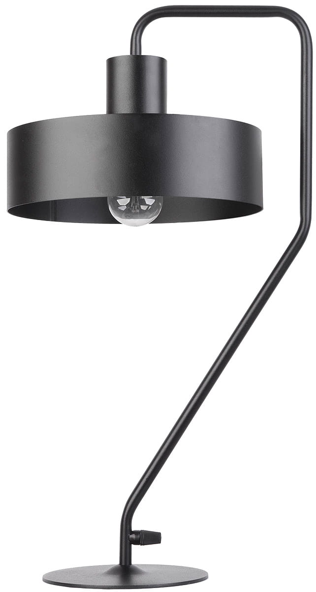 Lampka stołowa Vasco 1-punktowa w kolorze czarnym, z metalowym kloszem w kształcie cylindra oraz prostą, giętą nogą. Widoczna żarówka w kloszu. Minimalistyczny design, odpowiednia do nowoczesnych aranżacji wnętrz.