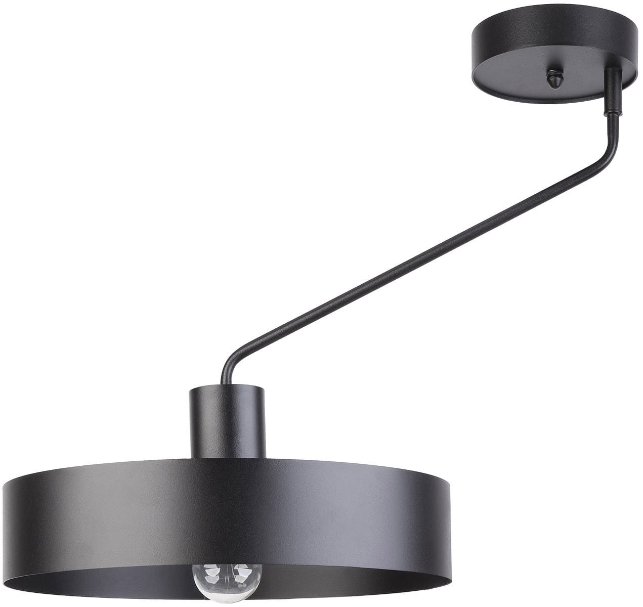 Czarna lampa sufitowa 1-punktowa Jumbo z metalowym okrągłym kloszem i prostym ramieniem, zwisająca z sufitu. Klosz odsłania źródło światła, umieszczone w centralnej części. Ujęcie frontalne, na białym tle.