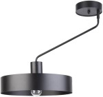 Czarna lampa sufitowa 1-punktowa Jumbo z metalowym okrągłym kloszem i prostym ramieniem, zwisająca z sufitu. Klosz odsłania źródło światła, umieszczone w centralnej części. Ujęcie frontalne, na białym tle.