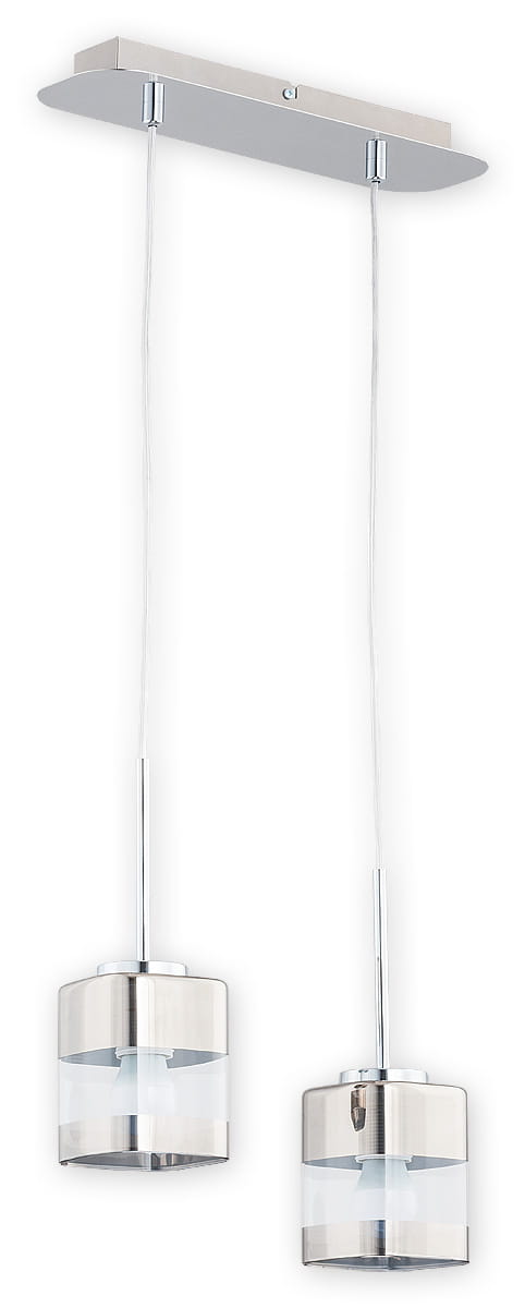 Lampa wisząca Chroms 2-punktowa z metalowym, błyszczącym stelażem i dwoma szklanymi kloszami. Klosze mają przezroczyste i mleczne elementy, zawieszone na długich, cienkich linkach. Montaż sufitowy, nowoczesny design.
