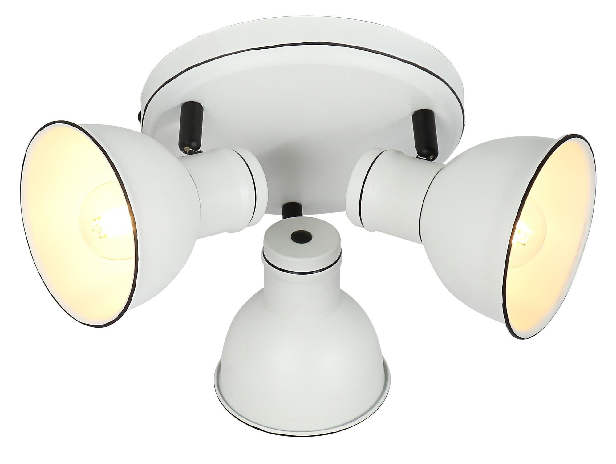 Trzypunktowa lampa sufitowa Zumba w kolorze białym z czarnymi detalami. Ujęcie z góry, pokazujące trzy ruchome reflektory. Lampa ma okrągłą, płaską podstawę oraz cylindryczny uchwyt. Widoczne żarówki emitujące ciepłe światło.