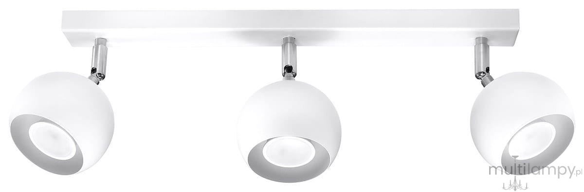 Lampa sufitowa Oculare 3-punktowa w kolorze białym, z trzema okrągłymi kloszami, zamocowana na prostokątnej, białej podstawie. Klosze są regulowane, wykonane z matowego materiału, z chromowanymi detalami. Produkt montowany sufitowo.