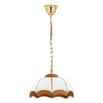 Lampa wisząca Sikorka 1-punktowa 766 z białym kloszem o falistym kształcie, złotymi detalami oraz drewnianą podstawą. Zawieszona na złotym łańcuszku, montowana do sufitu. Prosta, elegancka forma, idealna do różnych wnętrz.
