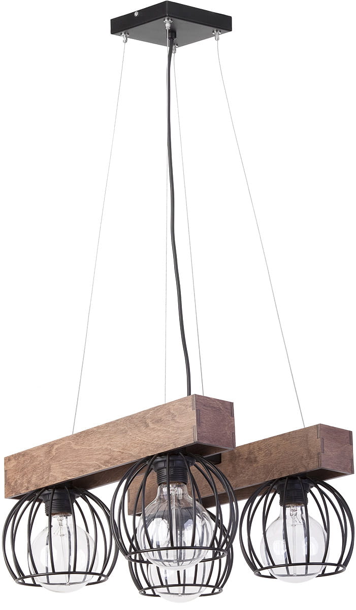 Brązowa lampa wisząca 4-punktowa Milan z drewnianym elementem i czarnymi kloszami w formie siatki. Produkt zawieszony na cienkich linkach, z kwadratowym mocowaniem sufitowym. Idealna do nowoczesnych wnętrz.