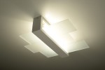 Lampa sufitowa Feniks 2-punktowa w kolorze białym, z prostokątną, minimalistyczną konstrukcją. Oświetlenie z mlecznymi, szklanymi panelami, umieszczona w centralnej pozycji, emitująca miękkie światło.