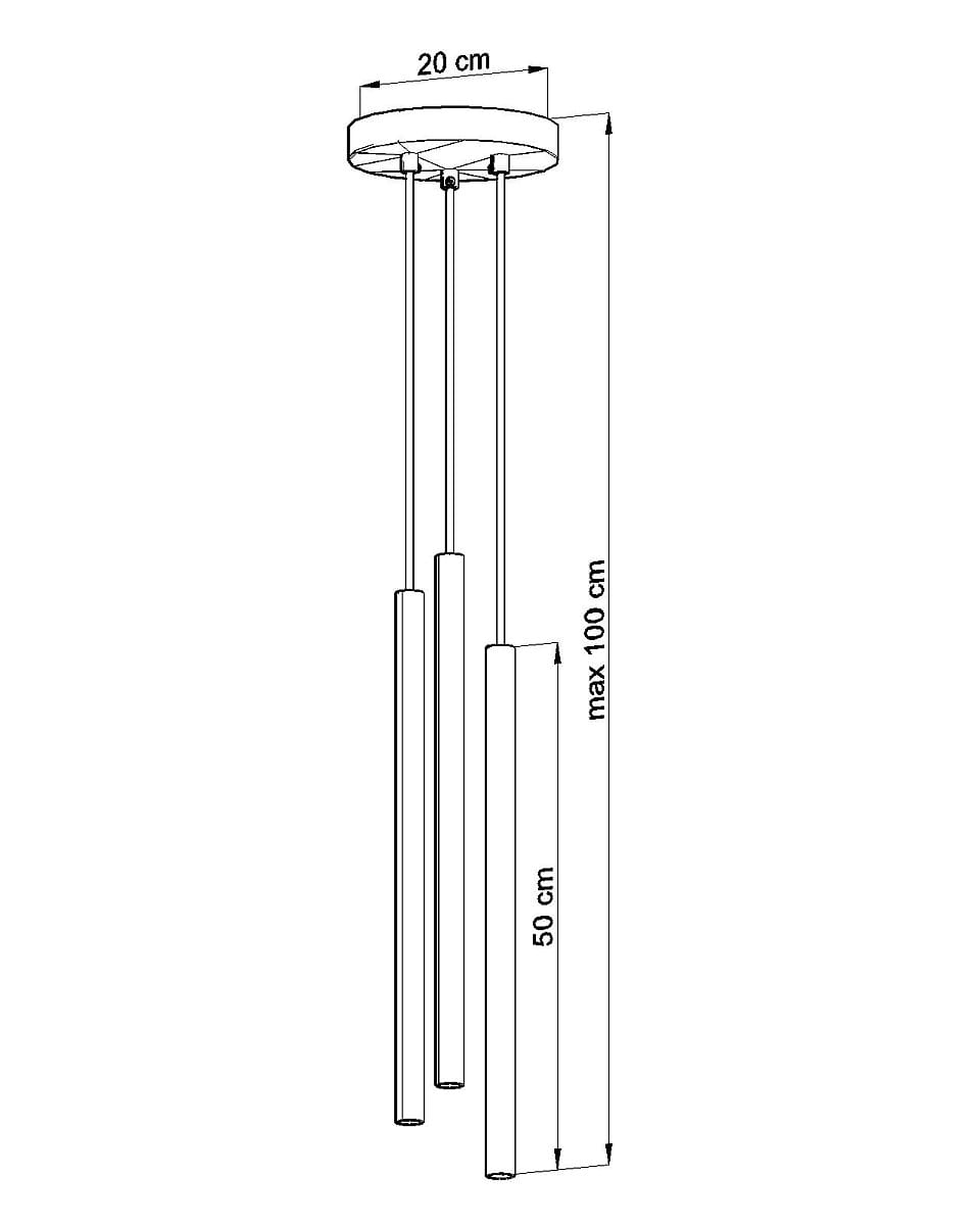 Czarna lampa wisząca 3-punktowa Pastelo SL.0471 z okrągłym mocowaniem o średnicy 20 cm. Wymiary: długość max 100 cm, dwa długie elementy o długości 50 cm. Prosty, nowoczesny design, idealna do różnych aranżacji wnętrz.