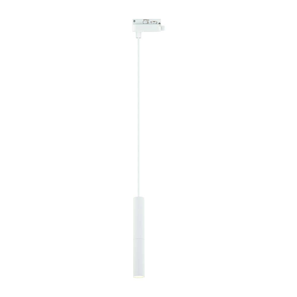 Biała lampa wisząca Track Slimi S, zawieszona na cienkim przewodzie. Cylindryczny kształt z górnym mocowaniem do szyny. Prosty i minimalistyczny design, idealna do nowoczesnych wnętrz. Tło proste, białe.