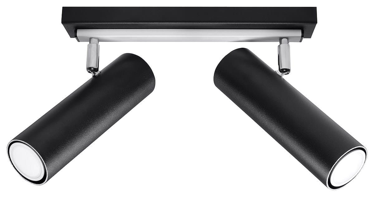 Czarna lampa sufitowa Direzione z dwoma punktami świetlnymi, z metalowymi, cylindrycznymi kloszami. Ujęcie z dołu, pokazujące lampę zamontowaną na prostokątnej podstawie. Klosze są ruchome, co umożliwia skierowanie światła w różne strony.