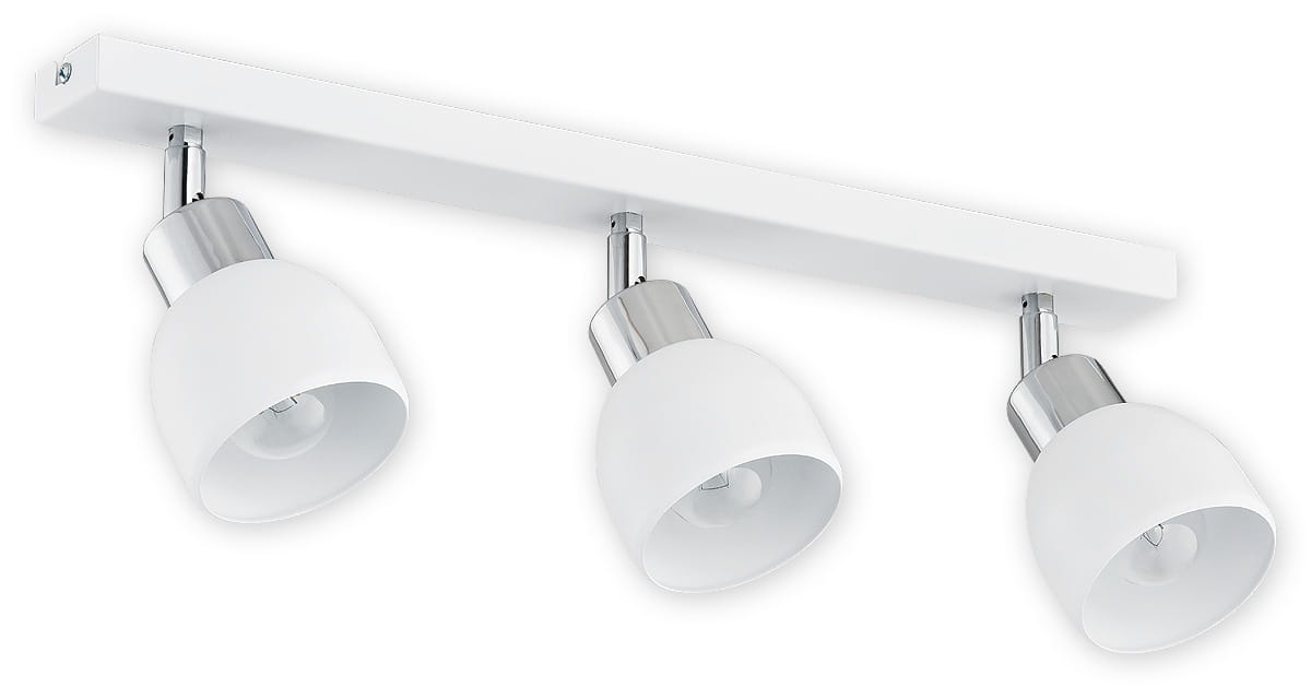 Lampa sufitowa Feniks 3-punktowa O2593 z białymi kloszami i metalowymi chromowanymi detalami. Produkt zamontowany na prostokątnej, białej podstawie, widok frontalny. Idealna do oświetlenia wnętrz.