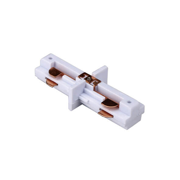 Białe złącze liniowe Track Orlicki do prowadnicy szyny, wykonane z tworzywa sztucznego, z widocznymi miedzianymi stykami. Ujęcie frontalne, produkt leży poziomo, gotowy do montażu.