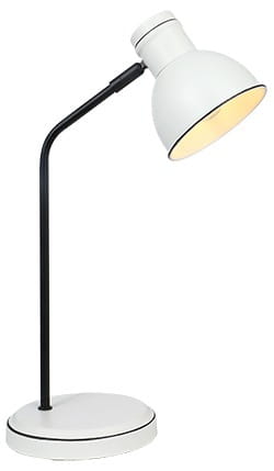 Lampka stołowa Zumba 1-punktowa, z białą oprawą i czarnym stelażem. Głowica lampy skierowana w dół, okrągła podstawa. Prosty, minimalistyczny design, idealna do biura lub domowego wnętrza.
