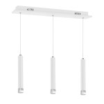Lampa wisząca Alba LED 3-punktowa z białą, prostokątną podstawą i trzema cylindrycznymi kloszami. Klosze w kolorze białym z metalowymi detalami, zawieszone na cienkich linkach. Produkt prezentowany z przodu, na jednolitym tle.