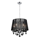 Lampa wisząca Cornelia 5-punktowa, czarna, z metalowym kloszem i kryształowymi elementami dekoracyjnymi. Zawieszona na łańcuchu, z widocznymi źródłami światła wewnątrz, w eleganckim, nowoczesnym stylu.