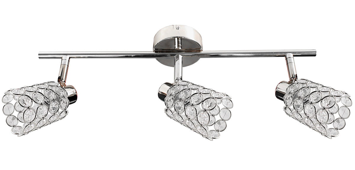 Lampa sufitowa York 3-punktowa, chromowana konstrukcja z trzema kloszami z przezroczystych, okrągłych elementów. Klosze mają elegancki, teksturowany wygląd. Ujęcie frontalne, lampa zamontowana na suficie.