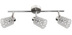 Lampa sufitowa York 3-punktowa, chromowana konstrukcja z trzema kloszami z przezroczystych, okrągłych elementów. Klosze mają elegancki, teksturowany wygląd. Ujęcie frontalne, lampa zamontowana na suficie.