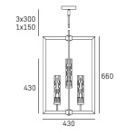 Lampa wisząca Oxford 4-punktowa P04052NI o prostokątnym kształcie. Wymiary: 660 mm wysokości, 430 mm szerokości. Posiada cztery klosze z przezroczystego materiału z dekoracyjnymi detalami. Zawieszona na regulowanym łańcuchu.