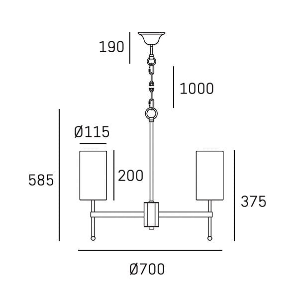 Żyrandol Denver 6-punktowy, biały, o średnicy 700 mm, z dwoma cylindrycznymi kloszami. Wysokość 1000 mm, zawieszenie na 585 mm. Ułożony w pozycji frontalnej, z widocznymi wymiarami i detalami konstrukcji.