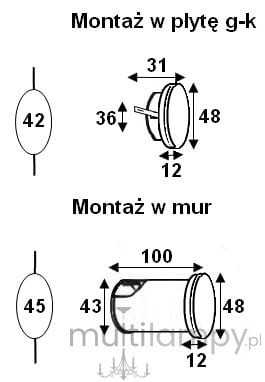 Lesel LED oprawa schodowa 009A L, okrągła, z wymiarami 42 mm i 45 mm, przeznaczona do montażu w płycie g-k i w murze. Widoczne wymiary montażowe: 31 mm, 36 mm, 48 mm, 100 mm, 12 mm, 43 mm. Prosty design, idealna do oświetlenia schodów.