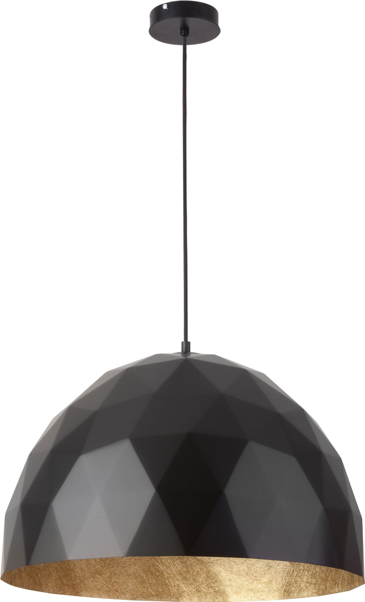 Lampa wisząca Diament D50 w kolorze czarnym z dekoracyjnym złotym wnętrzem. Posiada geometryczny, wypukły kształt klosza oraz czarny kabel. Zawieszona na prostokątnej podsufitce, idealna do nowoczesnych wnętrz.