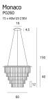 Lampa wisząca Monaco P0260, 15-punktowa, z wymiarami 150 cm wysokości i 60 cm szerokości. Konstrukcja z metalowymi elementami w kształcie stożka, przeznaczona do żarówek G9, 40W. Idealna do nowoczesnych wnętrz.